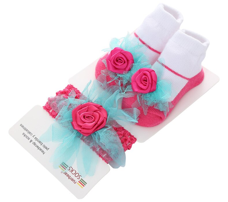 Belle bébé filles paillettes étoile gaze fleur décoré anti-dérapant coton cheville chaussettes avec élastique bandeau ensemble: A