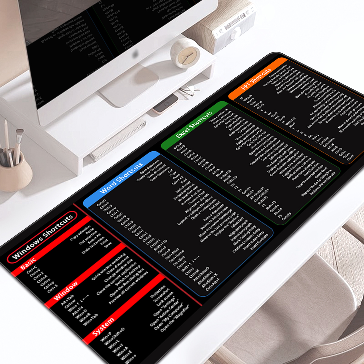 1pc Excel Shortcuts Pattern Mouse Pad Multi-size Washable Non-Slip Stitched Edge Computer Keyboard Desk Mat For Office Home: 90x45 cm / WHITE