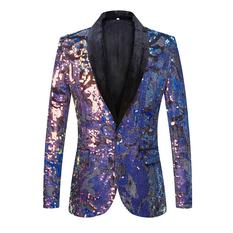 Pyjtrl Mannen Plus Size Paars Groen Blauw Pailletten Fluwelen Blazer Night Club Dj Zanger Shiny Paillette Jasje Prom Jurk kostuum: blue / US size S 38R