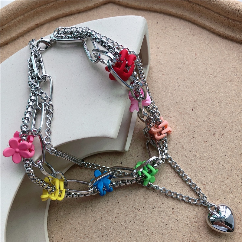 Kleurrijke Bloem Clip Multi-layer Hart Hanger Ketting Metalen Lijn Lock Chain Kettingen Voor Vrouwen Koreaanse Sieraden