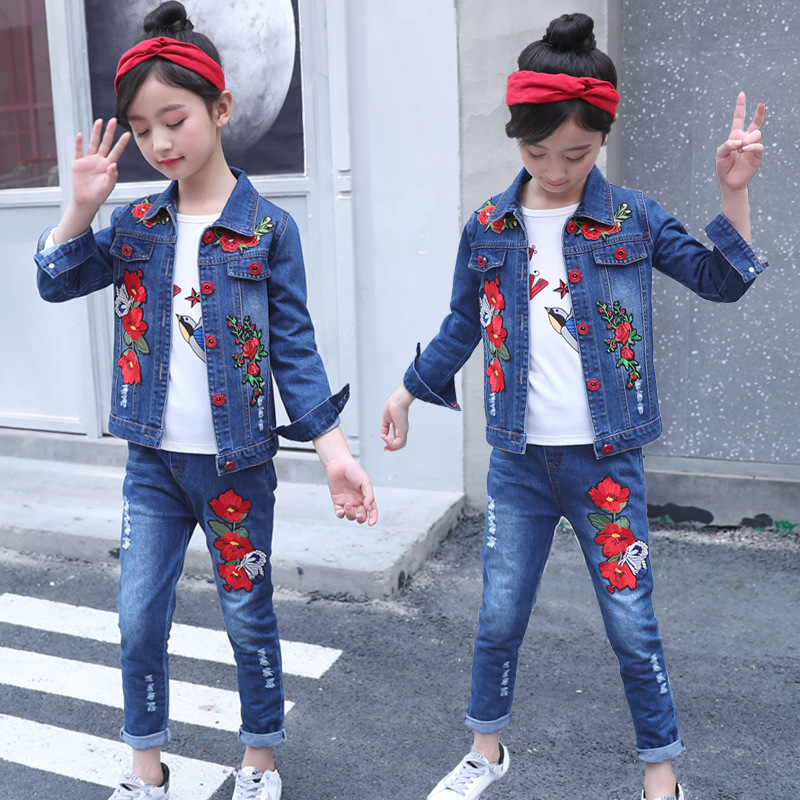 Embroidered Flower Kids Spring Autumn Long Sleeve Outfit Girl Jean Kids Denim Clothing Single Jacket