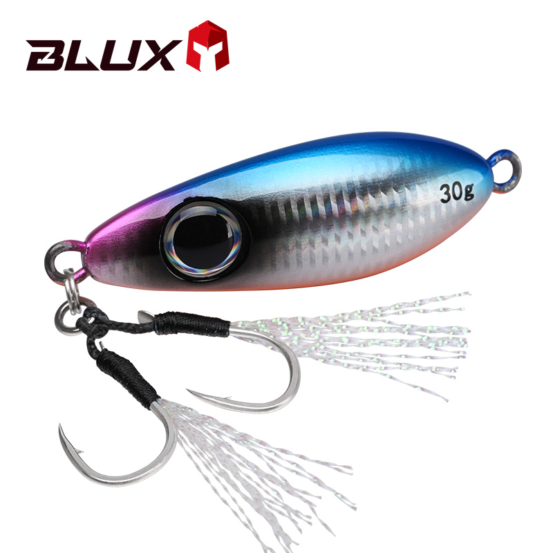 BLUX-cuchara tipo anzuelo de Metal, señuelo de pesca con cuchara, 30G, cebo Artificial, Shore, Jigging lento duro, fundición larga, lubina, atún, aparejos de agua salada