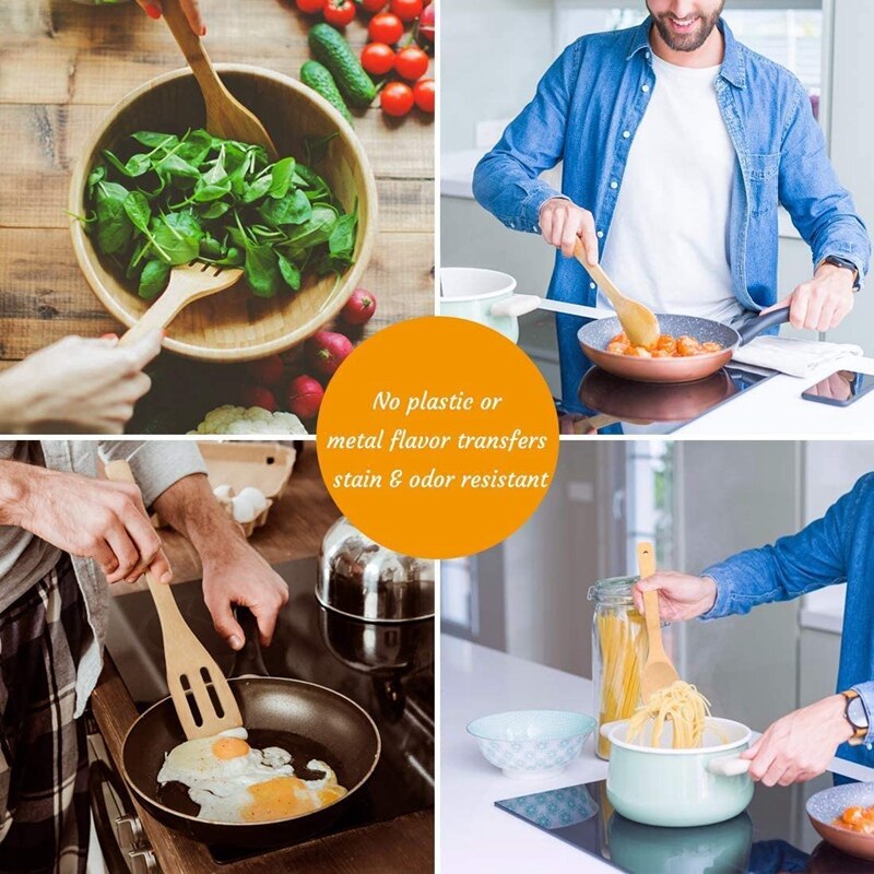 Bamboo Kitchen Utensils Set - Cooking Spoons 6 Pcs Cooking Utensils With Holder,Nonstick Heat Resistan Spatula Fork