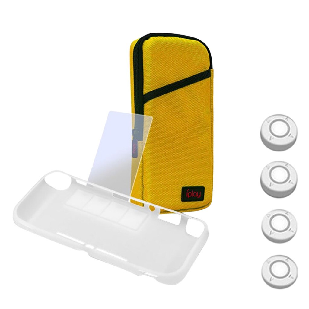 For NS Switch Lite Accessories Hard Case+4 caps+Glass film+TPU Cover Case Protector hard zipped case for gamers: Yellow 