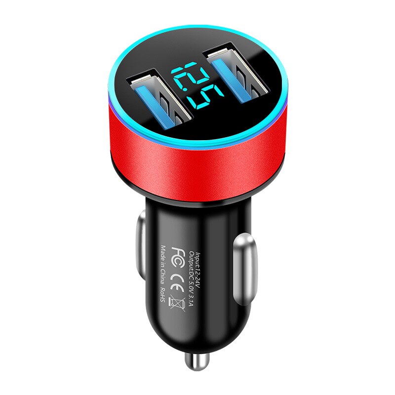 Auto Oplader Mobiele Telefoon Laders Voor Sigarettenaansteker Dual Usb Digitale Display Voltmeter Smart Phone Usb Adapter Snel Opladen: red