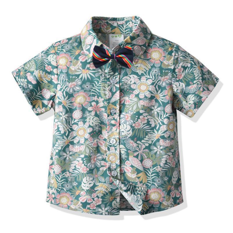 Zomer Strand Shirts Voor Kinderen Korte Mouwen Groene Bloem Kinderen Button Shirt Turn-Down Kraag Casual Baby Jongens Shirts