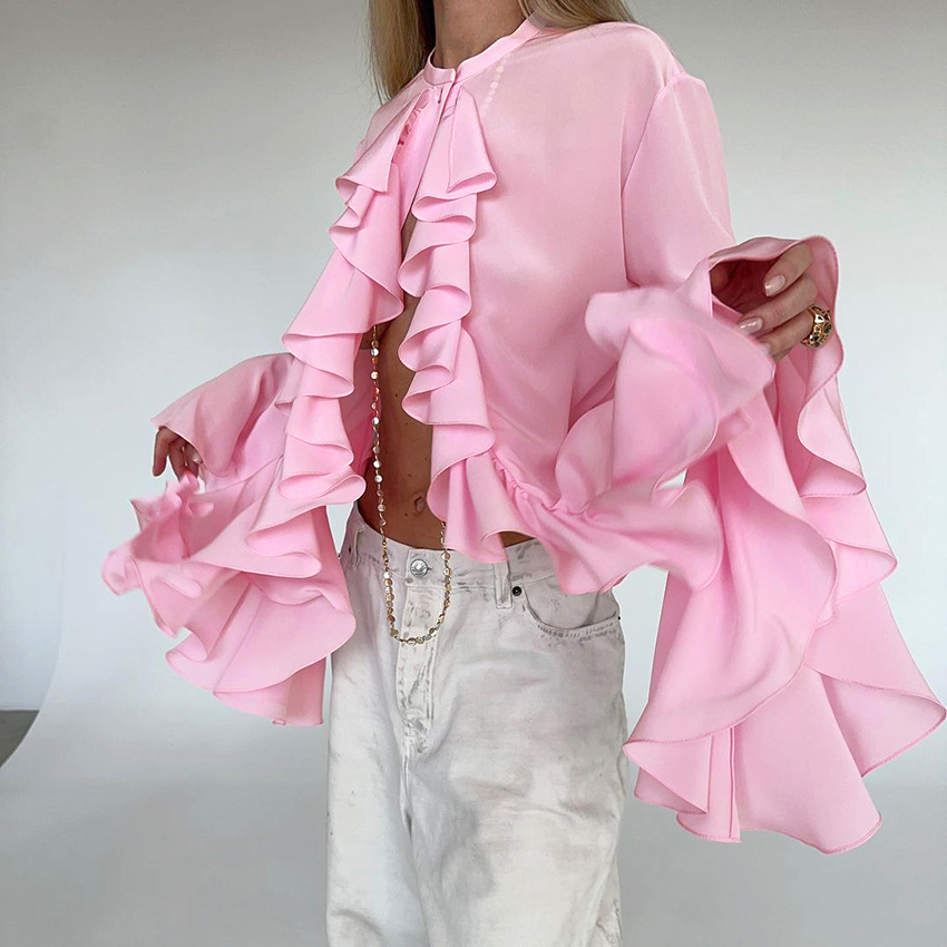 Linad lässig Chiffon Weiß Rüschen Hemden Weibliche Straße aufflackern Hülse verlieren Laminierte Volants Blusen Und Spitzen Frühling 2025,: S / Rosa