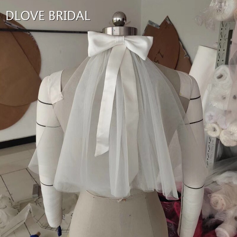 Style mignon court voile de mariée accessoire de mariage deux couches avec nœud en Satin ceinture