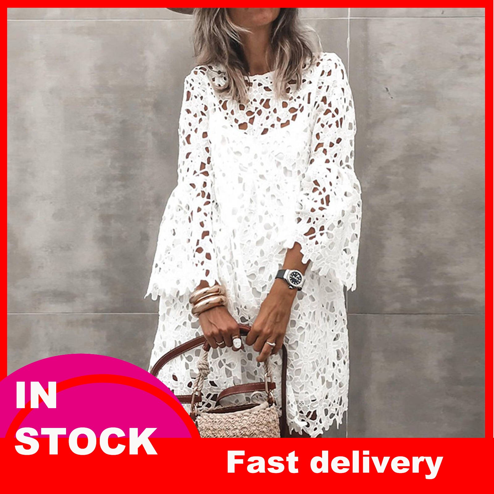 4# Summer Dress Round Neck Lace Trumpet Sleeve Ruffle Dress Long Sleeve Above Knee Mini Dress Robe Femme Платье Летнее