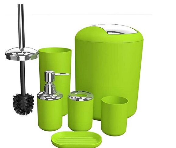 Ensemble d'accessoires de salle de bain, Ensemble d'accessoires de salle de bain, porte-savon, poubelle, brosse de toilette, gobelet, Kit de produits de première nécessité, 6 pièces: Green