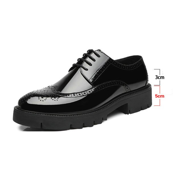 Manligt lack klassisk brogue tjock botten öka skor bröllop kontor företag formella män klänning skor  a53-84: Svart 8cm / 40