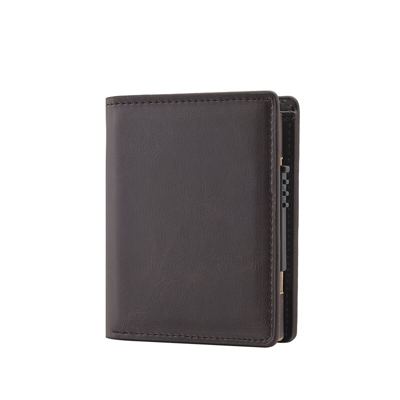 RFID Blocking Wallets Men Credit Card Holder Aluminum Alloy Business ID Card Case Automatic Male Metal Leather Cardholder Wallet: Dark Brown