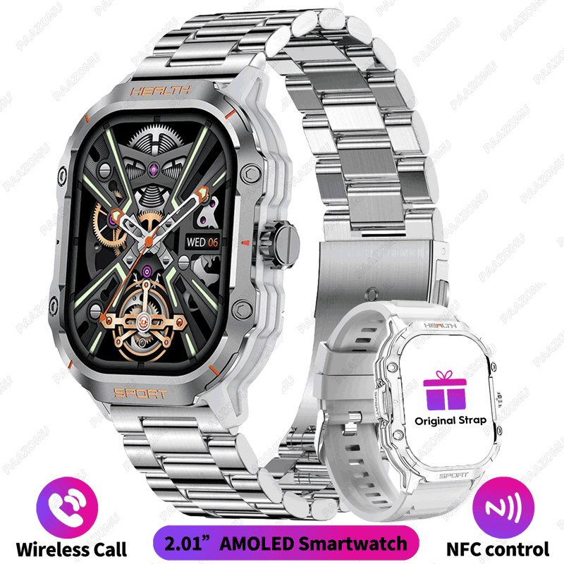 2025 nowy wojskowy Smartwatch 2.01 "AMOLED BT odpowiedź/zadzwoń NFC 100+ trybów sportowych opaska monitorująca aktywność fizyczną inteligentne zegarki dla android iOS: SZARY
