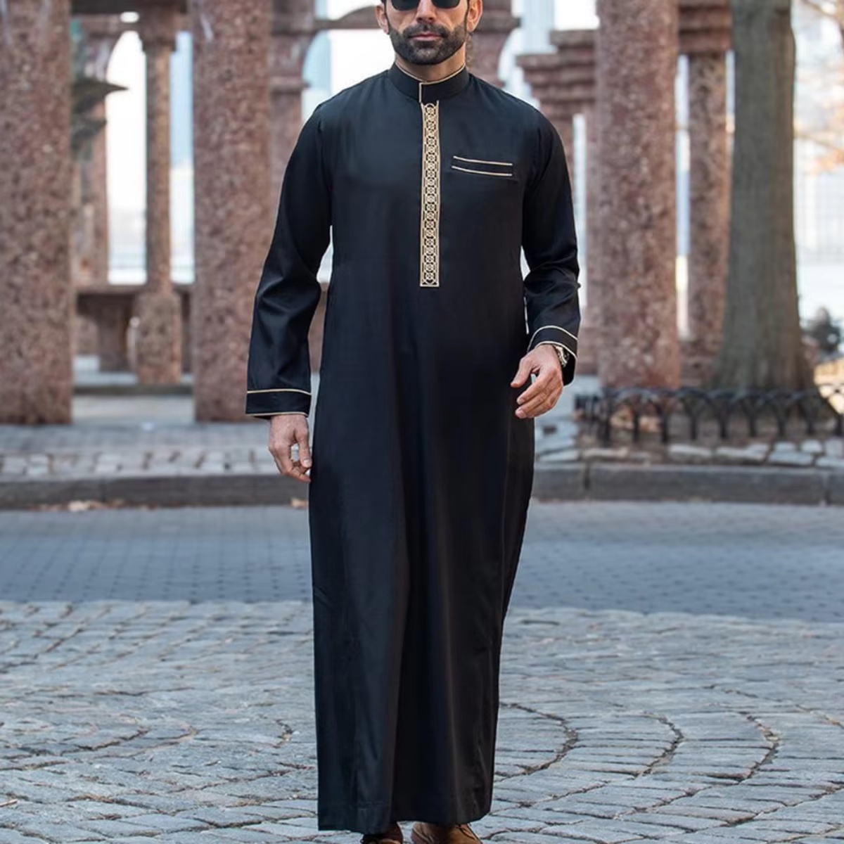 Robe longo masculino estilo étnico muçulmano, popular, elegante e luxuoso, bordado, preto, longo, casual, solto, masculino: XXL