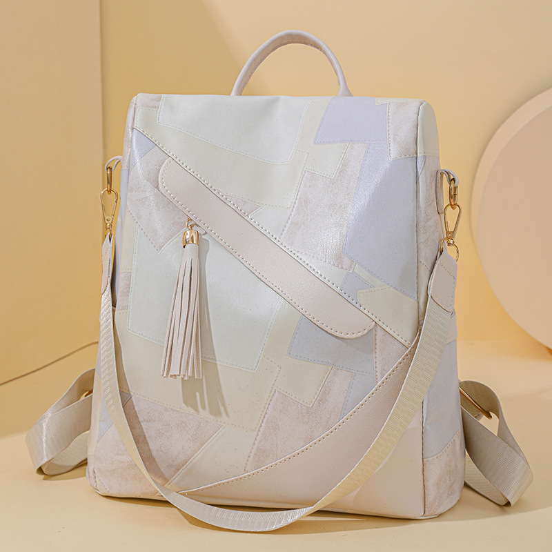 Backpack Ladies Large Capacity Soft PU Backpack Retro Casual Versatile School Bag Travel Bag: Beige