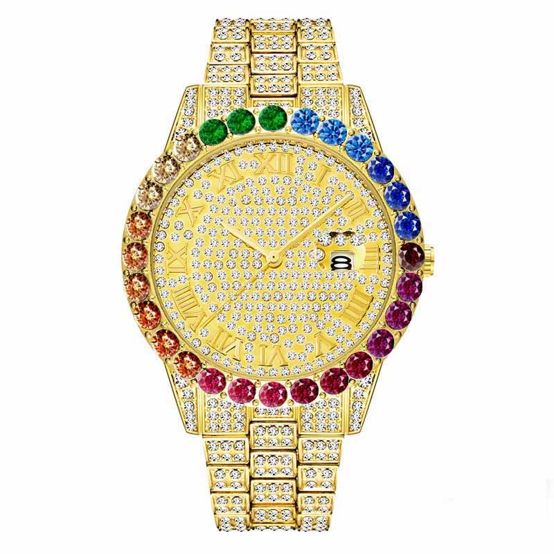 Reloj de oro arcoíris diamante para hombre, de lujo, oro de 18K, hecho a mano, de cuarzo y cristal de hielo: A1