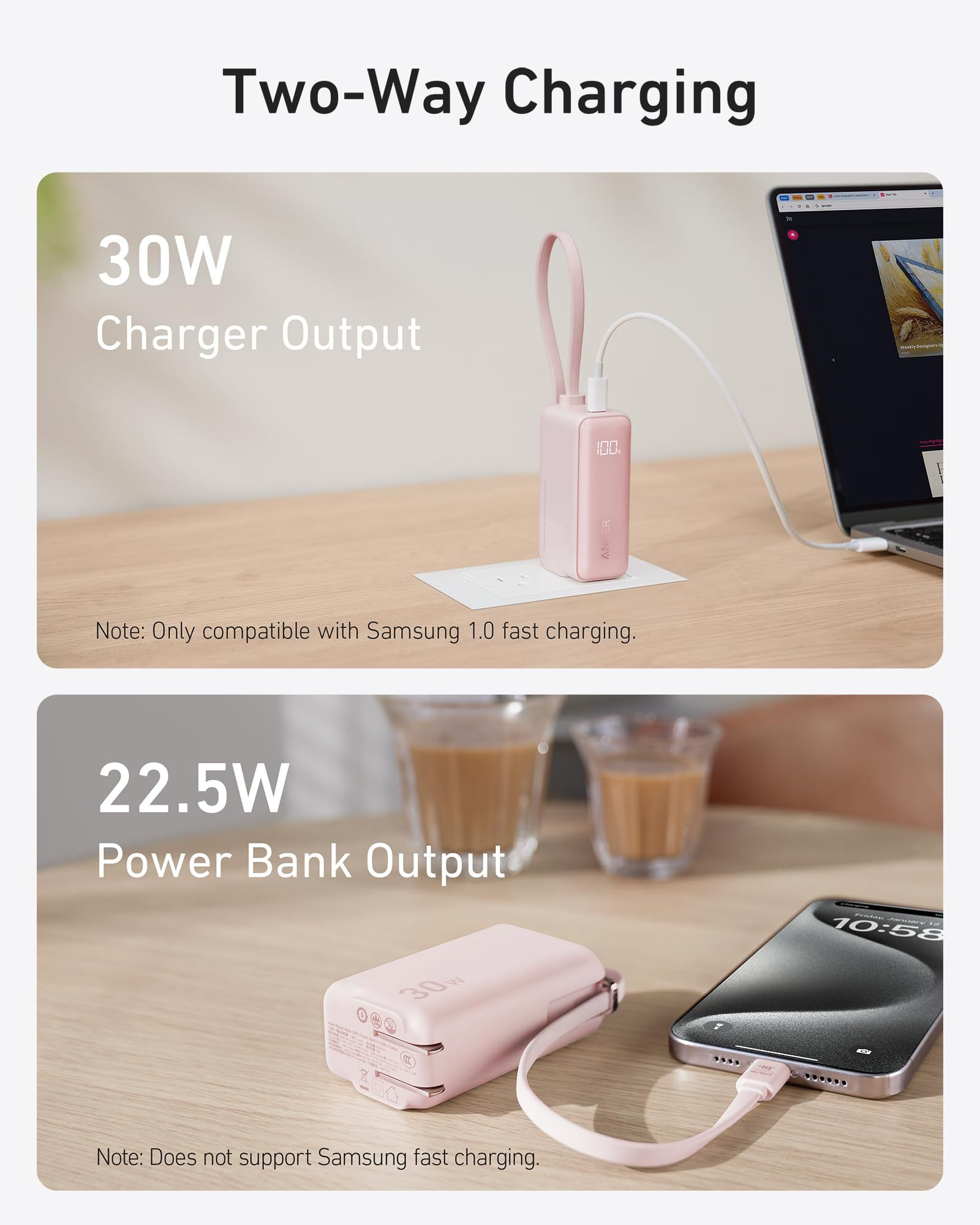 Anker Power Bank USB C Charger Block 3-in-1 5,000mAh Portable Charger with Built-in USB-C Cable and Foldable CN Plug A1636