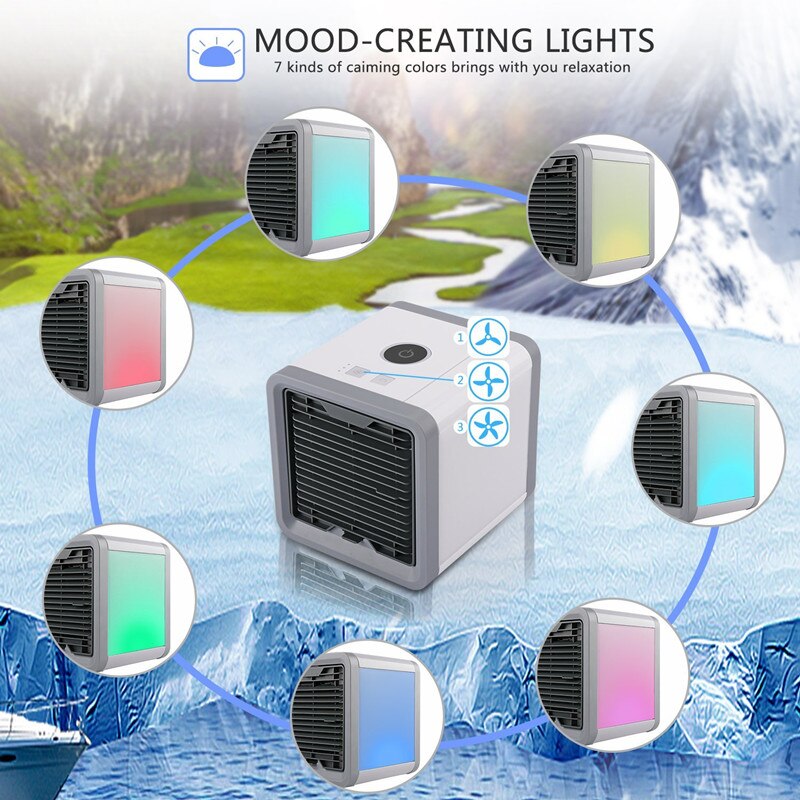 Mini aire acondicionado casero, refrigerador de aire portátil, 7 colores, LED USB, ventilador de refrigeración por aire, ventilador recargable para la Oficina y la habitación