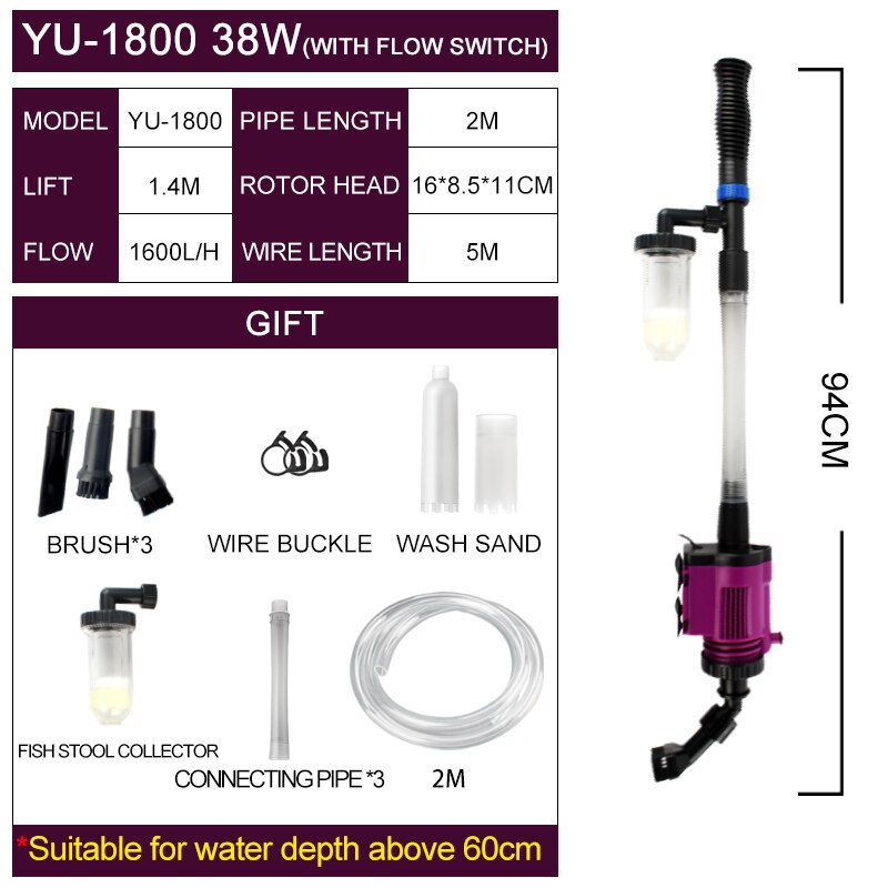 10/18/20/26/28W Elektrische Wasser Ändern Pumpe Saubere Werkzeuge Aquarium Aquarium Wasser wechsler Kies Reiniger Siphon Wasser Filter Pumpe: YU-1800 38W / EU plug