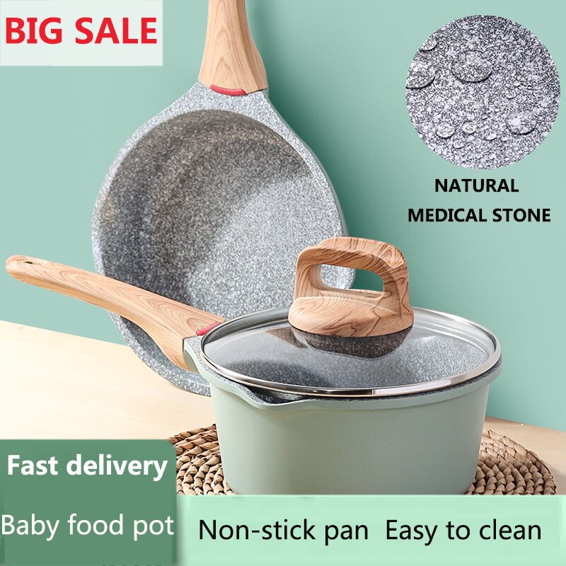 Non Stick Frying Pan With Wooden Handle Cooking Pot Set Breakfast Crepe Maker Pan Korean Cookware Saucepan Ramen Milk Pot