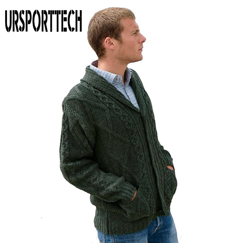 100%  irländsk merinoull aran button herrtröja höst vinter kofta tröja slim fit varm stickad tröja kappa