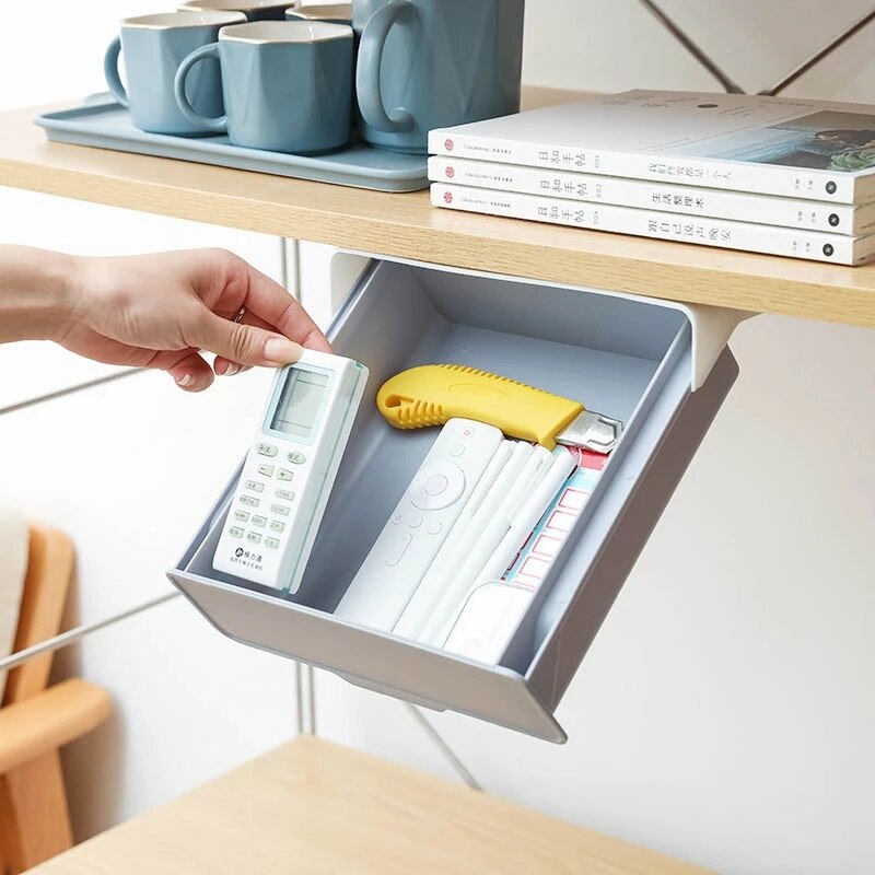 Sotto il cassetto della scrivania scatola di immagazzinaggio adesiva per ufficio scatola di immagazzinaggio nascosta organizzatore di trucco coltello da cucina forchetta vassoio di immagazzinaggio organizzatore