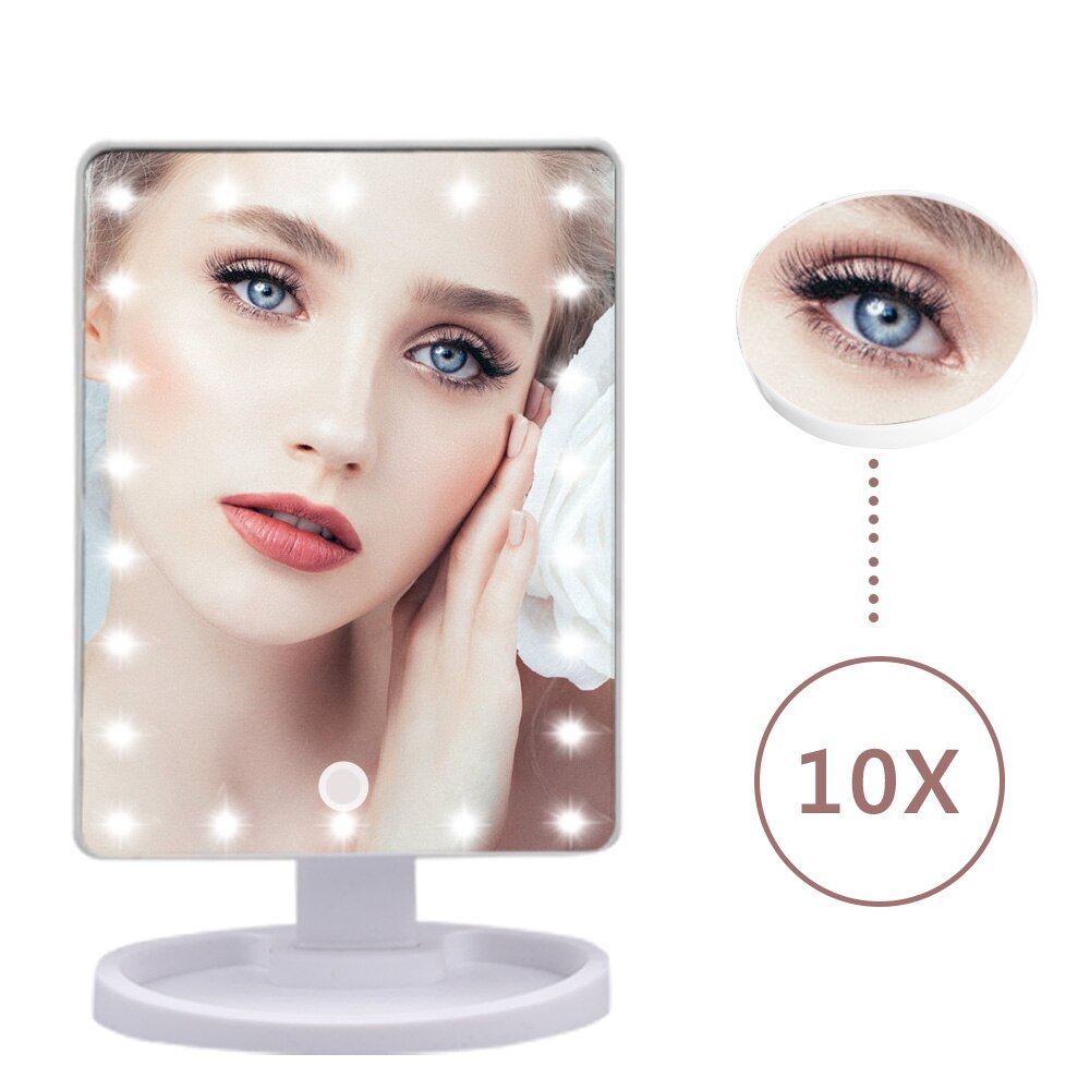 Espejo de maquillaje con 22 luces LED, espejo de aumento de 10X, lámpara de mesa con rotación de 180 grados, brillo iluminado, pantalla táctil, espejo de tocador