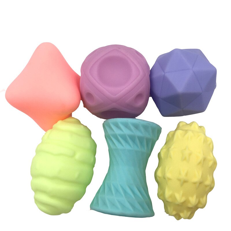Bebis sensoriska boll leksaker baby skallra bitring greppa kläm leksaker färgglada mjuka gummi bpa-fri texturerad massageboll för småbarn: 6 st -tf377m