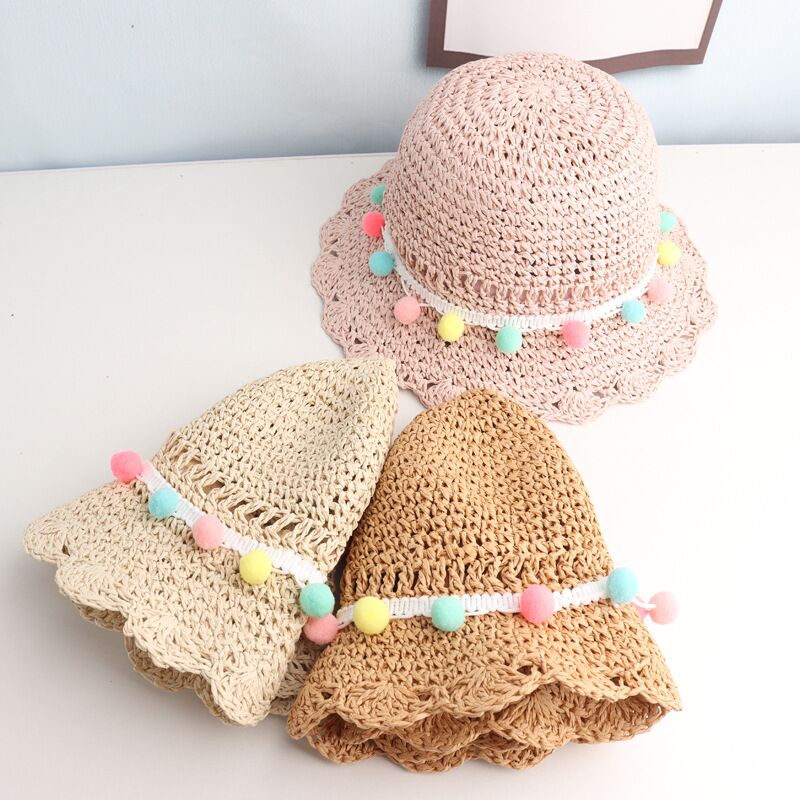 Summer Children Handmade straw hat Wide Brim Cute little Balls Sun Hat 2-6 old years Children's Travel Beach Hat