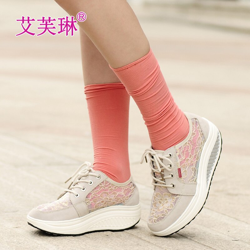 Height Increasing Sneakers Women - Lace Up Wedge Toning Shoes - Breathable Anti-Slip Fitness Workout