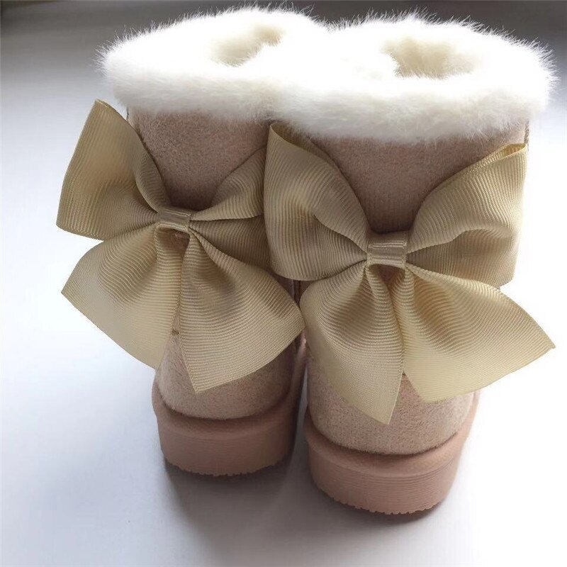 Botas de nieve para niña, botas de princesa con lazo de pelo de conejo verdadero, zapatos de algodón para bebé, botas cortas gruesas de terciopelo,: Beige / 3