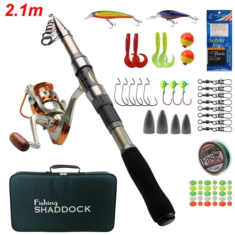 Fishing Rod Combo And Reel Kit Carbon Fiber Telescopic Spinning Portable Fishing Pole With Line Lures Hooks Beads Swivels Sinker: 2.1m