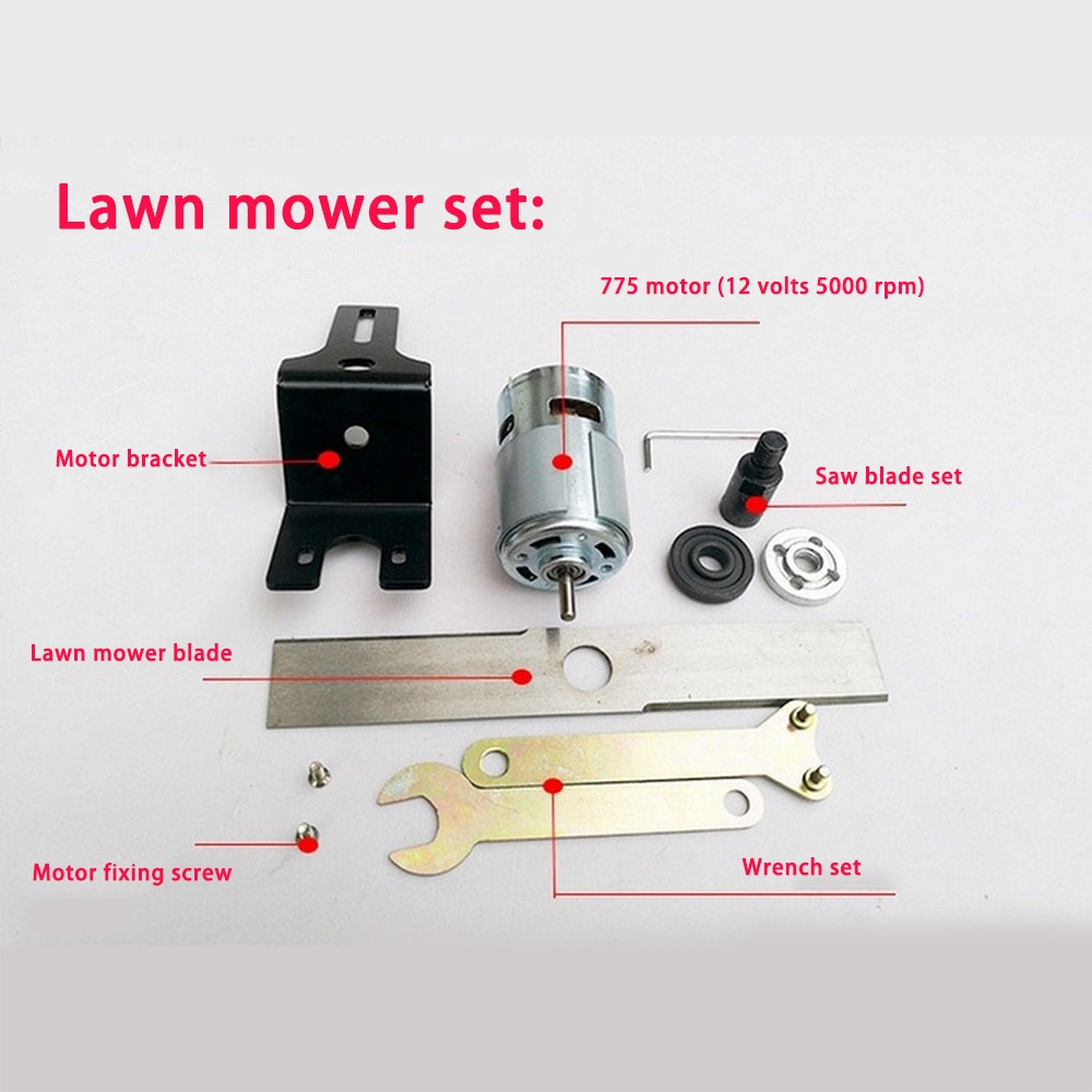 DIY Lawn Mower Set DC 12V 775 Motor Manganese Steel Blade Garden Mowing Tools Mini Grass Cutting Machine Tool