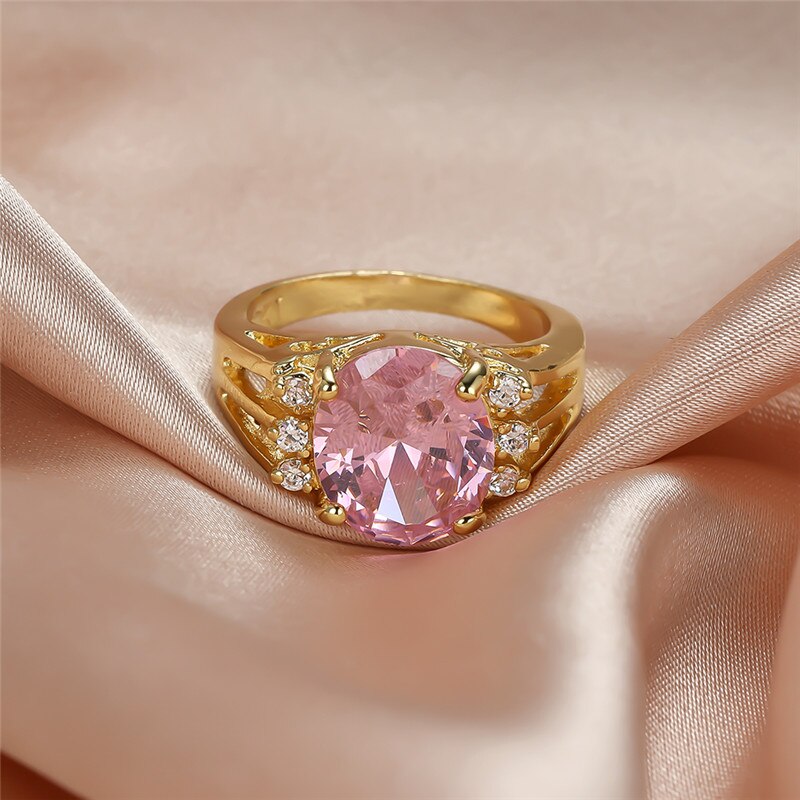 Anillo de boda ovalado de cristal rosa para mujer, sortija de boda de Color amarillo y dorado Vintage para mujer, sortija de compromiso de lujo para novia grande