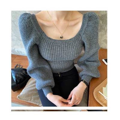 Koreansk puffärm stickad tröja pullover dam fyrkantig krage slimmade solida toppar höst vinter kvinnliga damtröjor