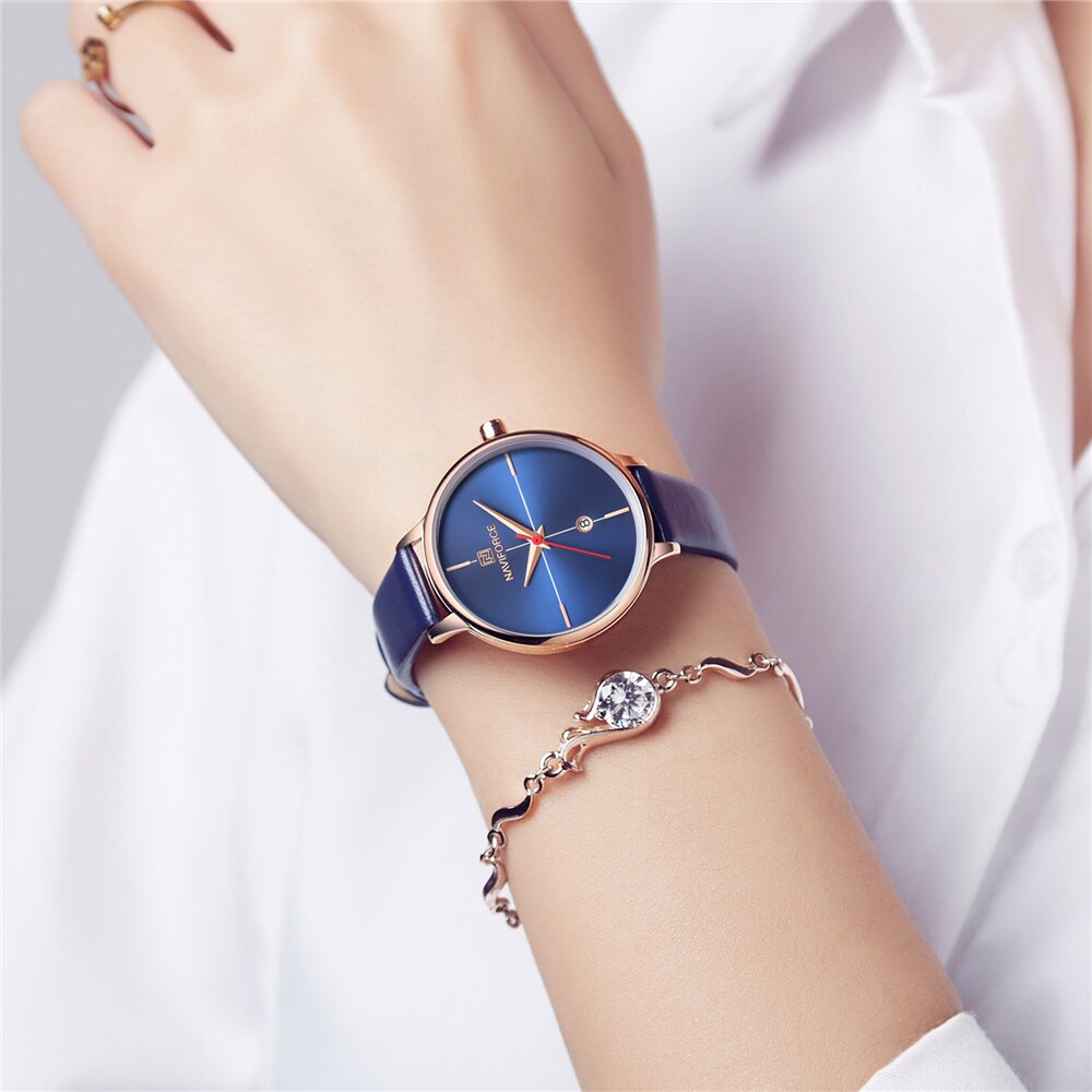 NAVIFORCE Vrouwen Horloge Mode Quartz Lady Blue PU Horlogeband Datum Casual 3ATM Waterdicht Horloge voor Meisje Vrouw Vrouw