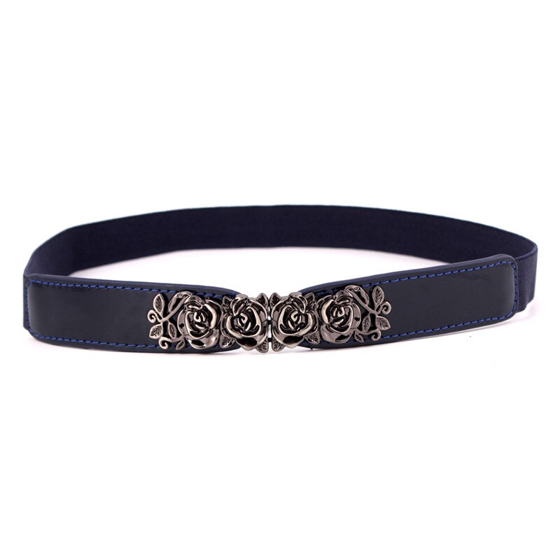 Elastic Nylon Ladies Belt for Dress Rose Flower Buckle Women Waist Belt for Coat Black White Red Female Corset Belt Strap: navy