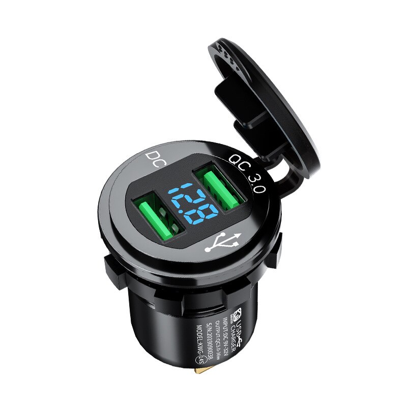 Quick Charge 3.0 Dual USB Charger Socket Waterproof Aluminum Power Outlet Fast Charge with LED Voltmeter for 12V/24V Car Boat: Black