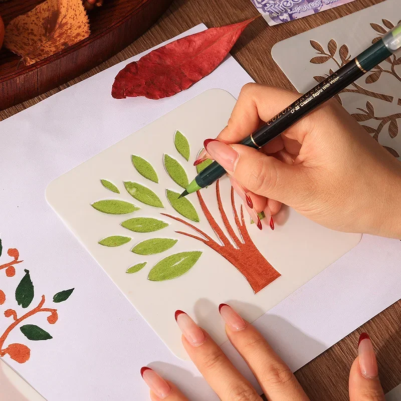6 unids/set de plantillas de la serie de árboles para pintar y decorar, plantillas de plantillas de árbol de hueco para álbum de recortes, diario, suministros para estudiantes