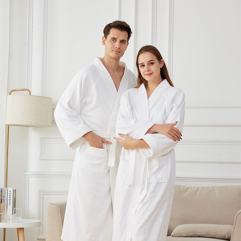 Katoenen Badstof Paar Gewaad Kimono Badjas Gown Losse Ongedwongen Nachtkleding Nachtjapon Witte Lange Mouw Nachtkleding Vrouwen Homewear
