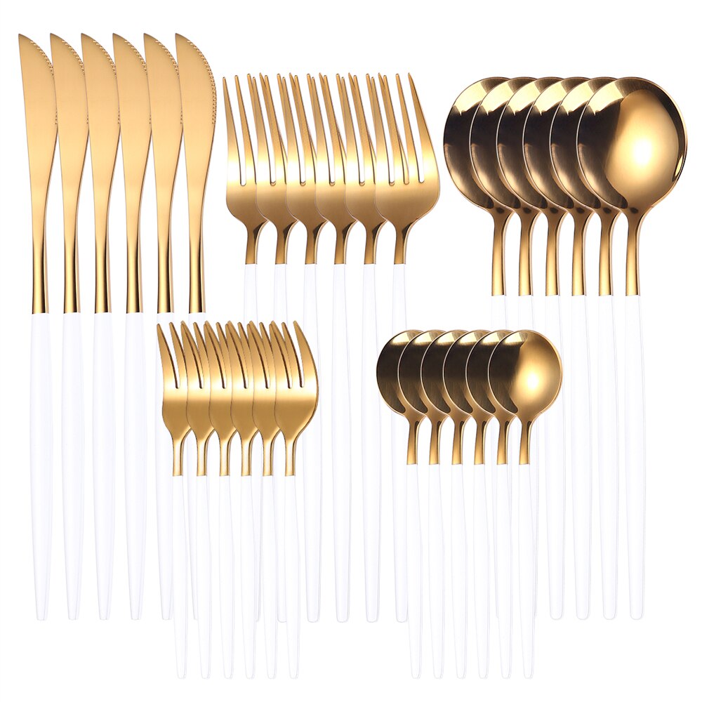 Couverts en acier inoxydable, 30 pièces, service de table en or, vaisselle en acier inoxydable, fourchette en or, cuillère couteau, service d'argenterie de luxe pour Banquet: 30Pcs White Gold