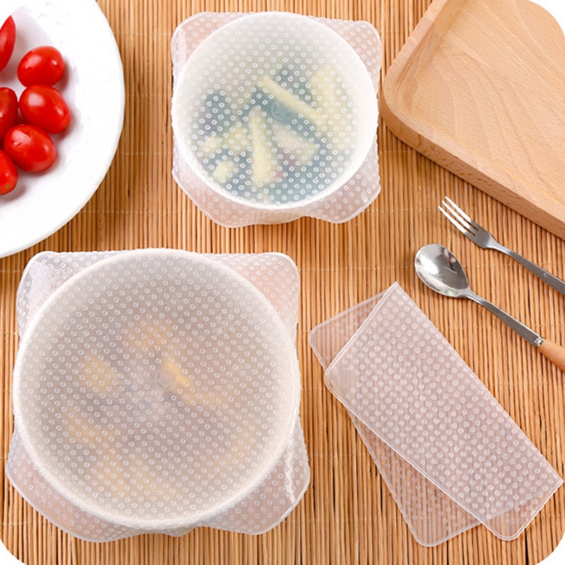 Película de silicona adhesiva transparente, conjunto de 4 unidades, papel para guardar alimentos frescos, envolturas de comida, tapa de sellado al vacío, herramienta para envolver la cocina