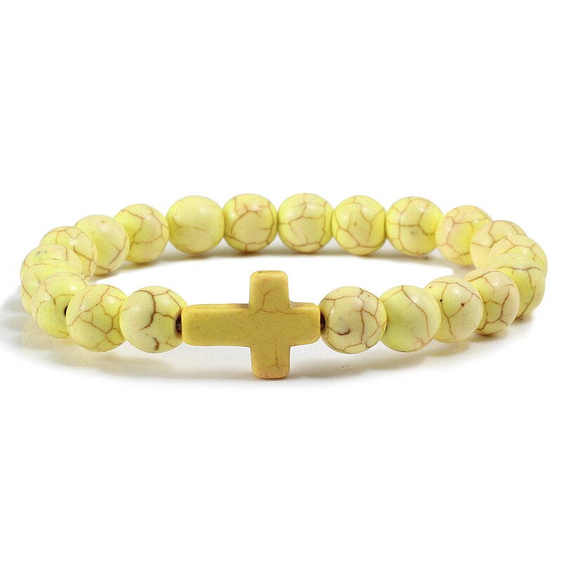 Trendy Jesus Charm Natural Stone Cross Bracelet Blue Turquoises Matte Beaded Bracelets For Men Women Prayer Couple Jewelry: Yellow