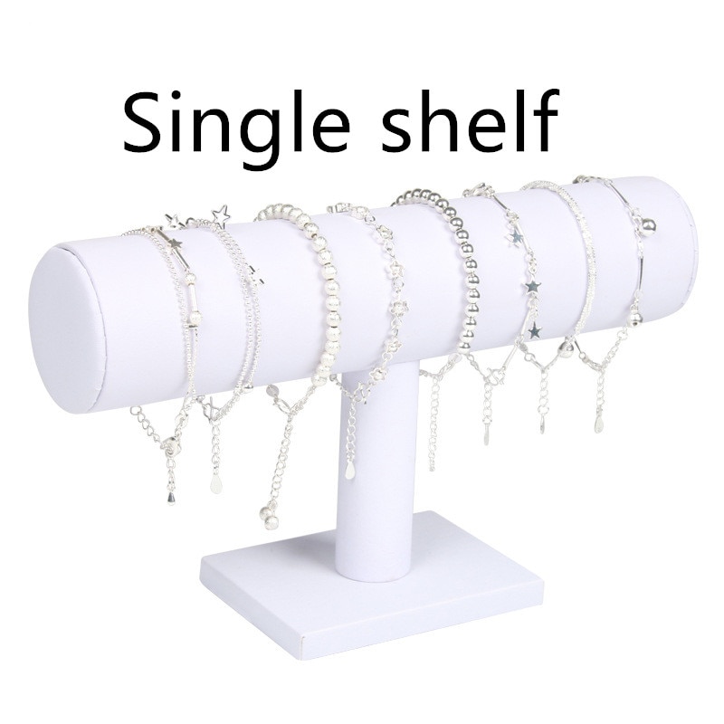 1pcs Vintage PU Leather / Velvet Bracelet Chain Watch T-Bar Rack Jewelry Organizer Hard Display Stand Holder: Single White-PU