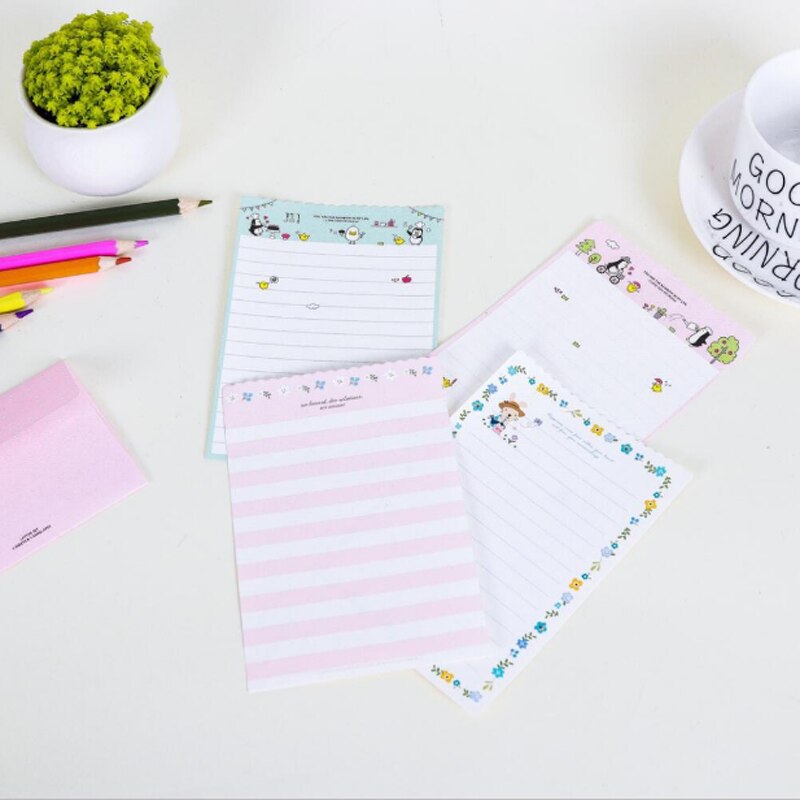 Lot de 4 enveloppes de papier à lettre fleur d&#39;amour, papier Kawaii pour écriture, fournitures scolaires et de bureau