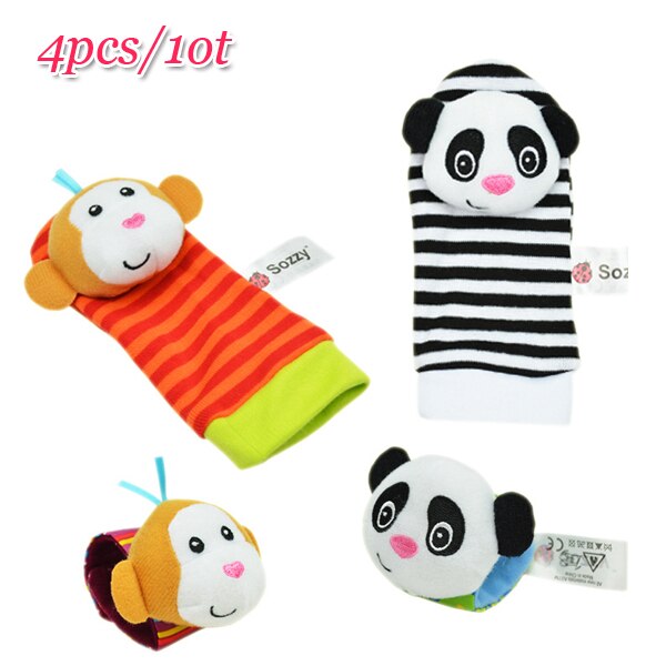 Baby Toy Baby Rattles Toys Animal Socks Wrist Strap With Rattle Baby Foot Socks Bug Wrist Strap baby socks: 4pcs PandaMonkeySet