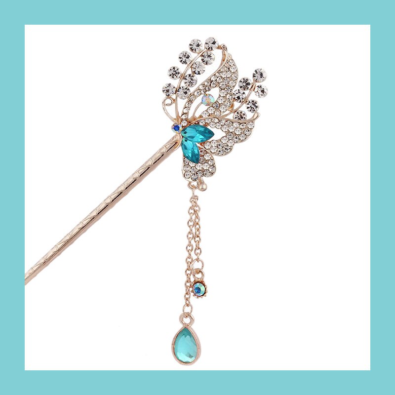 Kinesisk stil krystal rhinsten sommerfugle hårpinde metal insekt hår tilbehør kvinder bryllup smykker: Blå