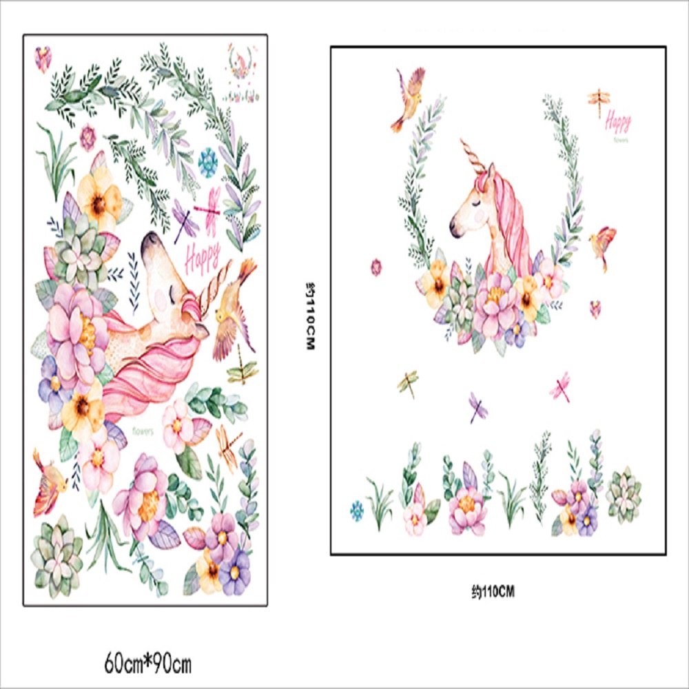 Cartoon Unicorn Petal Birds large Wall Stickers animal Home Decor living room Bedroom Art decals wallpaper: Default Title