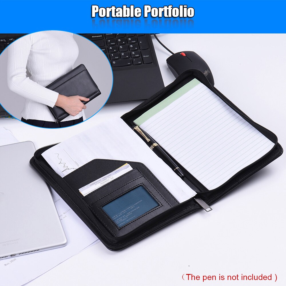 Portafolio de negocios portátil, carpeta Padfolio, estuche para documentos, organizador A5 de cuero PU con tarjetero