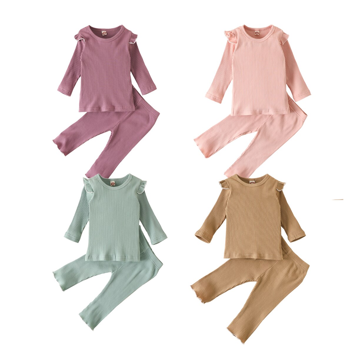 2Pcs Cotton Toddler Infant Girls Clothing Set Fall Ribbed Stripes Ruffle Long Sleeves Elastic Tops+Pants Kids Sleepwear